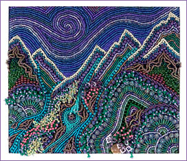 Mountains & Streams, framed bead embroidery by Robin Atkins, bead artist