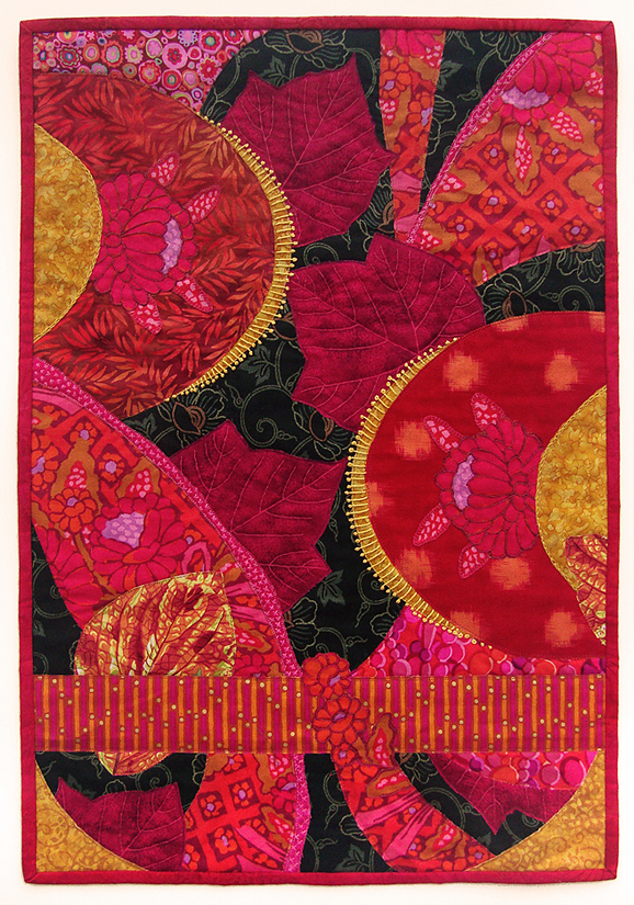 Eclipse, embroidered, scrappy, applique quilt by Robin Atkins, bead artist