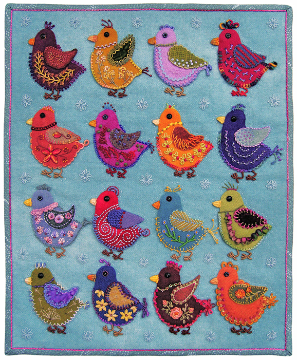 Chicks, embroidered and beaded wool-felt applique quilt by Robin Atkins, bead artist