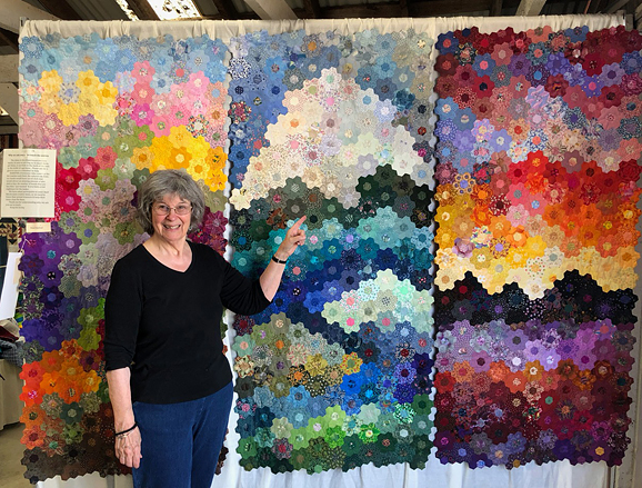 A Few of My Favorite Things, hand-pieced, hand-quilted, original design, hexie quilt triptych by Robin Atkins, bead artist