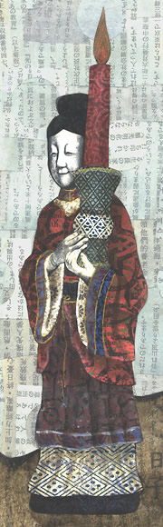 Lady with Candle, painted paper collage by Robin Atkins, bead artist