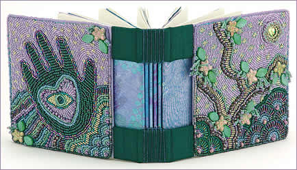 Blessings, hand-bound book with bead embroidered covers (shown open) by Robin Atkins, bead artist