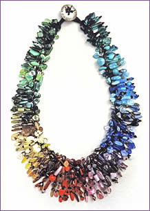 Collector Necklace, a woven treasure necklace featuring vintage pressed glass beads produced in one woman-owned factory in Germany during the 1940s and 50s; necklace by Robin Atkins, bead artist