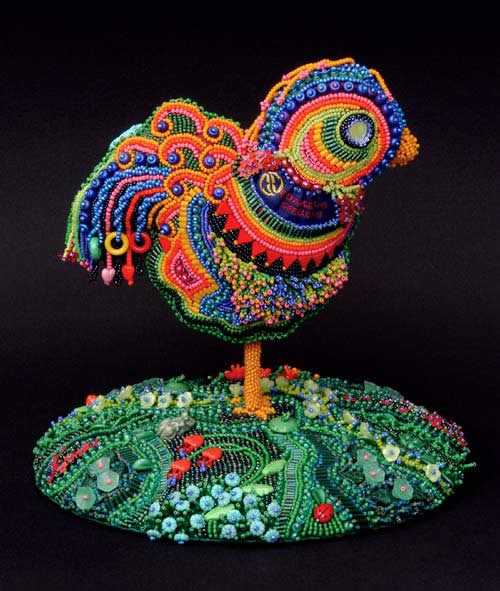 Rosie, the Uncaged Hen, bead embroidered sculpture, large picture, by Robin Atkins, bead artist