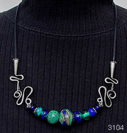 cobalt blue and teal green necklace by Robin Atkins, bead artist.