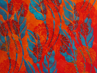 Painted decorative paper, layers of acrylic paint, leaf stencil, flower stamp, by Robin Atkins, bead artist