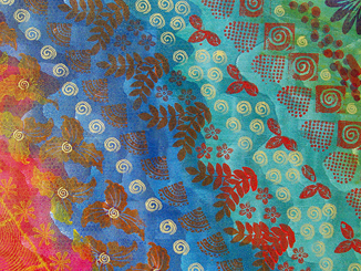Painted decorative paper, layers of acrylic paint, stenciled and stamped, by Robin Atkins, bead artist