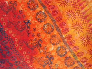 Painted decorative paper, layers of acrylic paint, stenciled and stamped, by Robin Atkins, bead artist