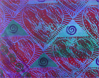 Painted decorative paper, layers of acrylic paint, stenciled and stamped, by Robin Atkins, bead artist