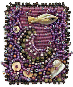 Swim, miniature beaded embroidery by Robin Atkins, bead artist