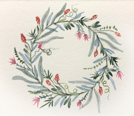Wreath, watercolor painting by Robin Atkins, bead artist