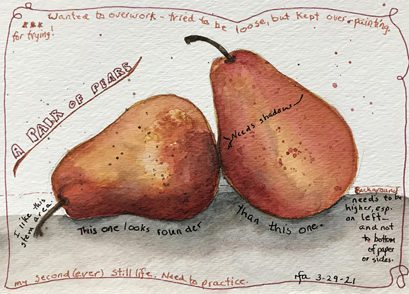 Pair of Pears, still life, watercolor painting by Robin Atkins, bead artist