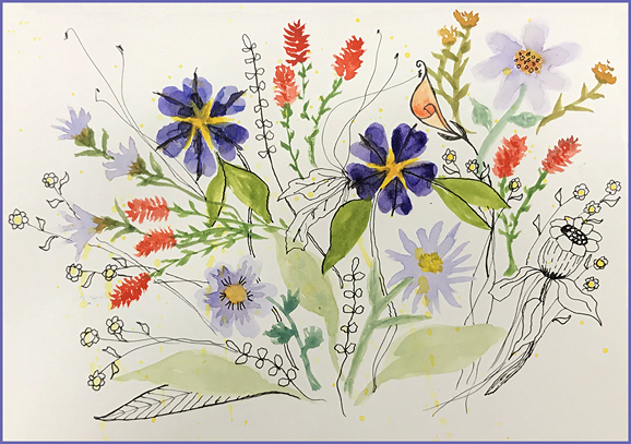 Wild Flowers, ink and watercolor painting by Robin Atkins, bead artist